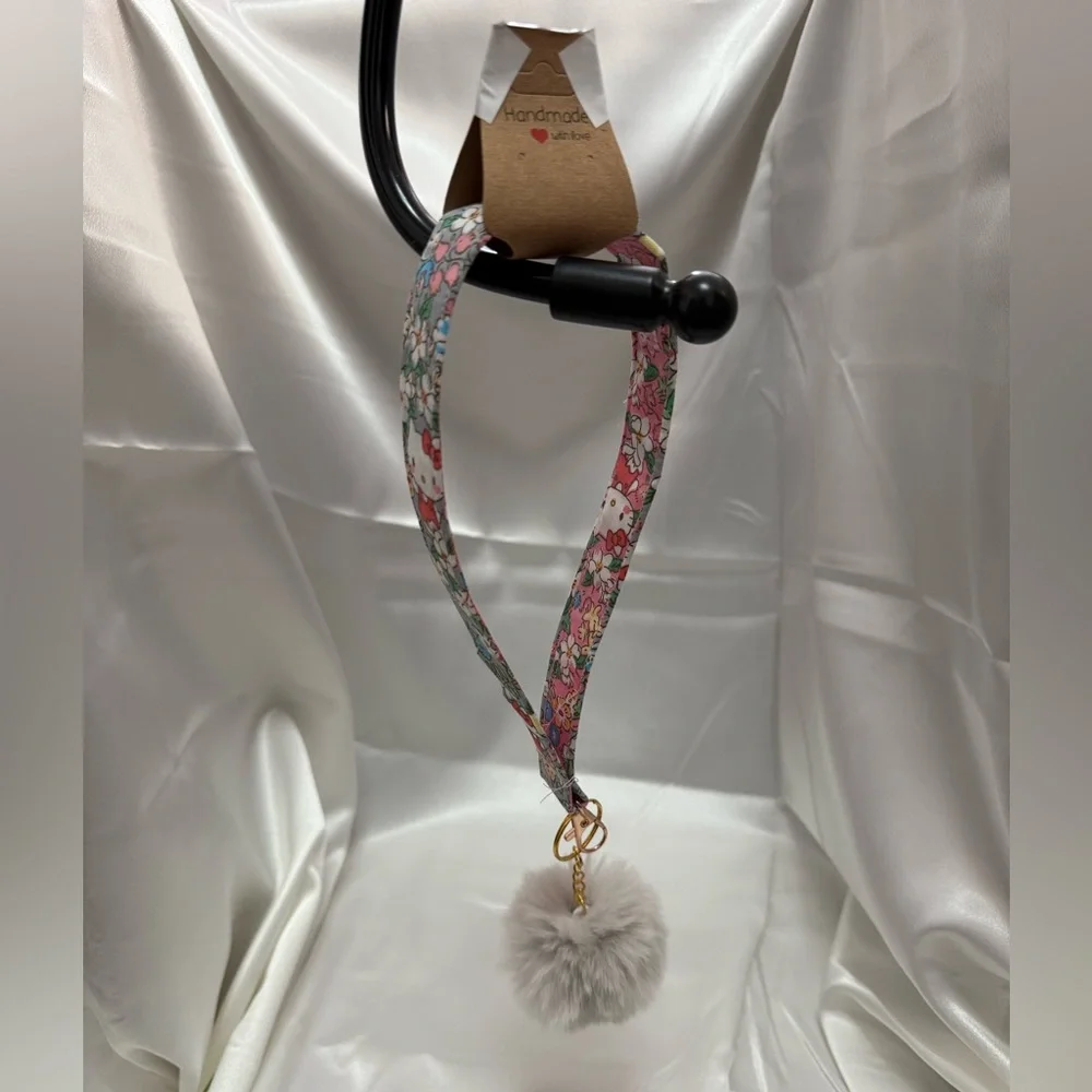 Handmade Kitty and Floral Wristlet Keychain with Gray Pompom